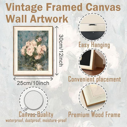 ASTRDECOR Framed Vintage Wall Art for Living Room, Vintage Floral Home Decor Aesthetic, Victorian Pink Rose Bouquet Oil Painting Blue Canvas Wall Art Prints, Antique Flower Pictures Blue Artwork for Living Room-10''x12''