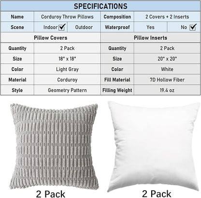 2 Pack Corduroy Decorative Throw Pillow with Inserts, 18x18 Inch Soft Boho Throw Pillow, Square Striped Throw Pillows for Couch, Bed, Sofa Decor (Light Gray)