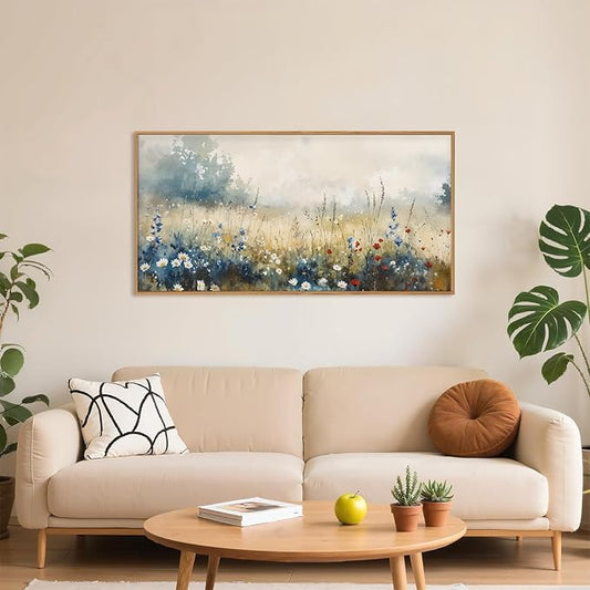 Celestdeco Nature Wildflower Framed Canvas Wall Art Set, Pastoral Landscape Wall Decor, Colorful Meadow Wall Painting, Rustic Floral Art Print for Living Room, Bedroom, Office-20 X40