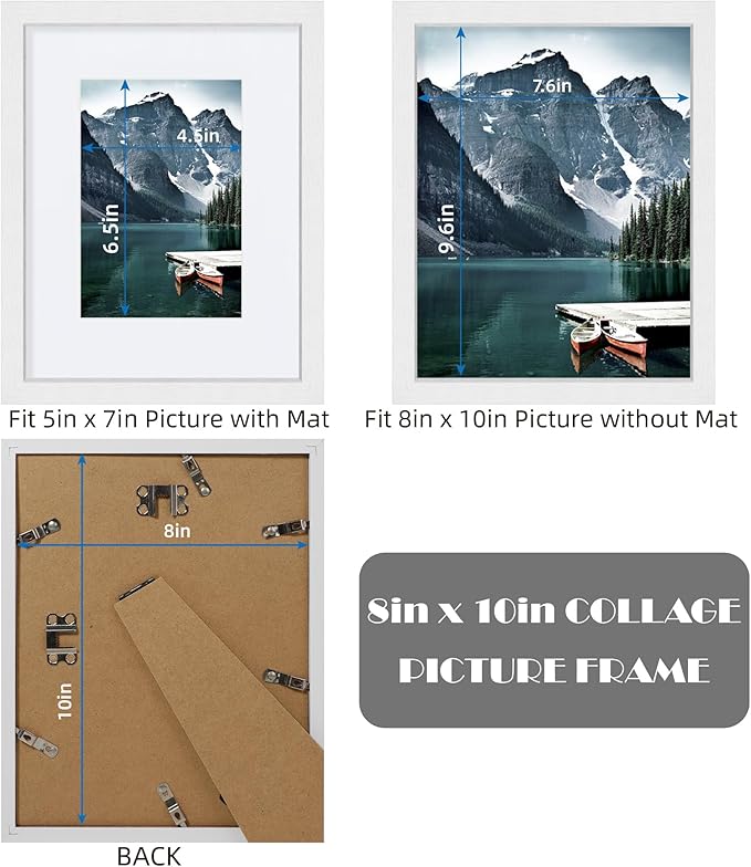 Hongkee 8x10 White Picture Frames set of 3, Made of Wooden and Glass Photo frame - Displays Picture 5x7 with Mat or 8 x 10 without Mat, Desktop & Wall Collage Frame set