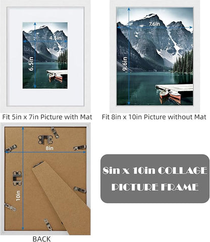 Hongkee 8x10 White Picture Frames set of 3, Made of Wooden and Glass Photo frame - Displays Picture 5x7 with Mat or 8 x 10 without Mat, Desktop & Wall Collage Frame set