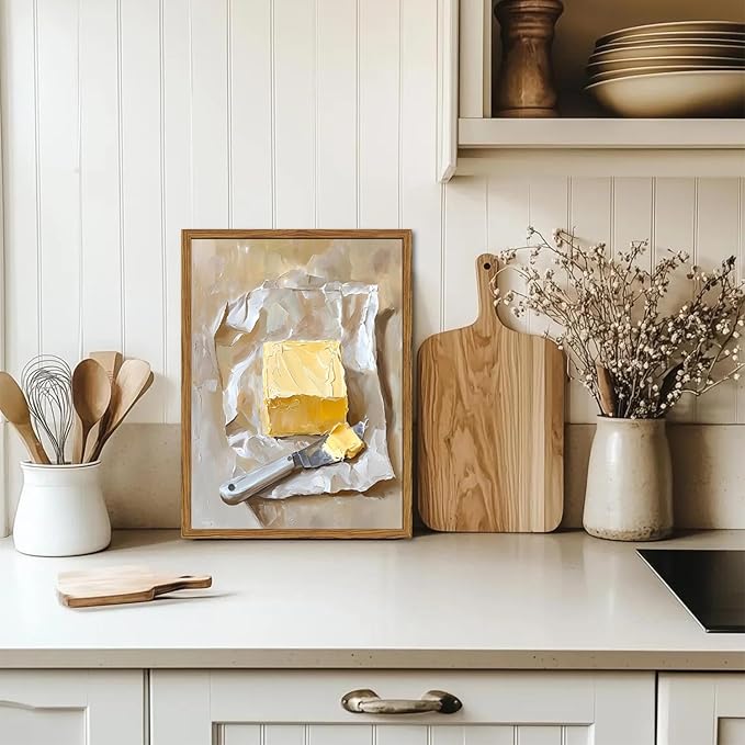 Framed Kitchen Wall Art, Vintage Butter Wall Decor Pictures, Rustic Farmhouse Food Paintings Canvas Prints for Dining Room Living Room Home Decoration 16x24 inch