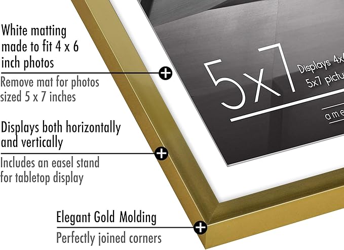 Americanflat 5x7 Picture Frame with Shatter-Resistant Glass - Use as 4x6 Frame with Mat or Display 5x7 Photo Without Mat - Streamline Collection - Picture Frames for Tabletop and Wall - Gold