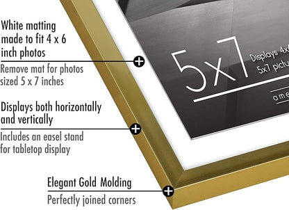 Americanflat 5x7 Picture Frame with Shatter-Resistant Glass - Use as 4x6 Frame with Mat or Display 5x7 Photo Without Mat - Streamline Collection - Picture Frames for Tabletop and Wall - Gold