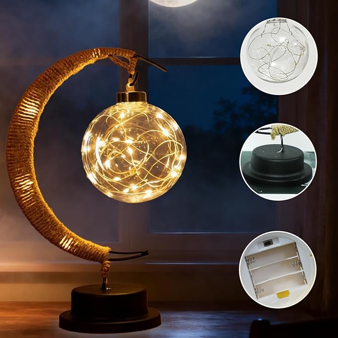 Moon Table Night Light with Hanging Star Ramadan Decorative Lamp Battery Operated Suitable for Home Bedroom Shop Dining Table Holiday Party Eid Festival Decoration (HEMPmoon-WW-Ball)