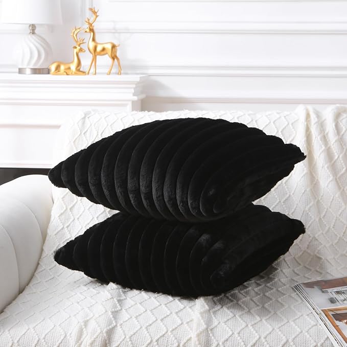 Decorative Throw Pillow with Inserts, Set of 2 Soft Faux Fur Throw Pillows, Square Boho Striped Pillow for Couch, Bed, Sofa Decor(Black, 16" x 16")