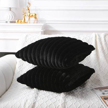 Decorative Throw Pillow with Inserts, Set of 2 Soft Faux Fur Throw Pillows, Square Boho Striped Pillow for Couch, Bed, Sofa Decor(Black, 16" x 16")