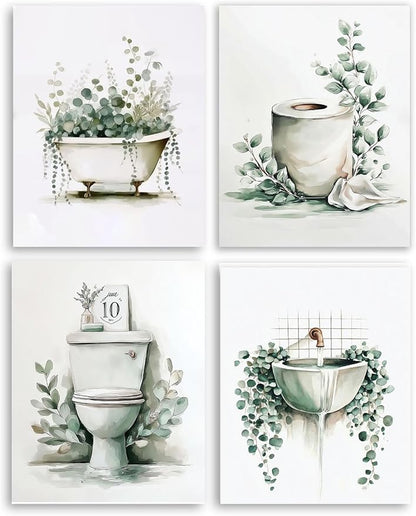 Frimeeme Unframed Green Botanical Bathroom Wall Art Decor,Boho Botanical Eucalyptus Watercolor Prints,Set of 4, 8x10 Inches