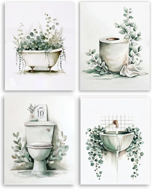 Frimeeme Unframed Green Botanical Bathroom Wall Art Decor,Boho Botanical Eucalyptus Watercolor Prints,Set of 4, 8x10 Inches