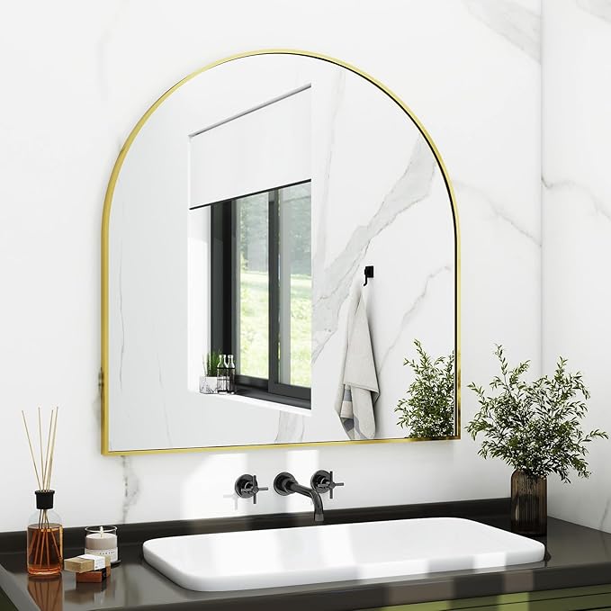 XRAMFY 31"x32" Arched Wall Mirror for Bathroom, Gold Vanity Mirror for Bedroom, Living Room, Entryway, Decorative Hanging Mirror for Wall