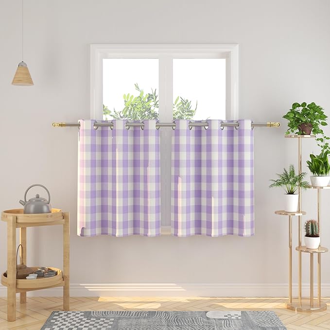 3 Pieces Tier Curtains and Valance Set Buffalo Check Kitchen Tiers Plaid Gingham Grommet Top Classic Short Small Cafe Curtains Country Farmhouse Cafe Bathroom 54"x18"/32"x30" Lilac & White