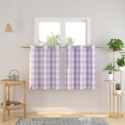 3 Pieces Tier Curtains and Valance Set Buffalo Check Kitchen Tiers Plaid Gingham Grommet Top Classic Short Small Cafe Curtains Country Farmhouse Cafe Bathroom 54"x18"/32"x24" Lilac & White