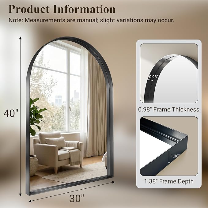 Arched Bathroom Mirror, 30" L×40" W Black Arched Mirrors for Bathroom Sink, Rustproof Black Dark Frame Mirror for Wall, Tempered Glass for Vanity,Living Room,Restroom,Entryway