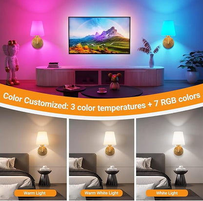 Nekhung Battery Operated Wall Sconces Set of 2, Wireless Wall Light with 10000mAh RGB Dimmable Magnetic Bulb, Rechargeable Wall Sconce with Remote Control for Bedroom Living Room