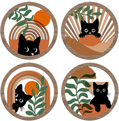 4PCs 3D Boho Cat Hanging Wooden Wall Art Wall Decor, Botanical Wall Decor Bohemian Decor, Cat Lover Gifts, Wooden Sign Wood Art Wood Plaque Home Decor for Living Room Bedroom Farmhouse Office