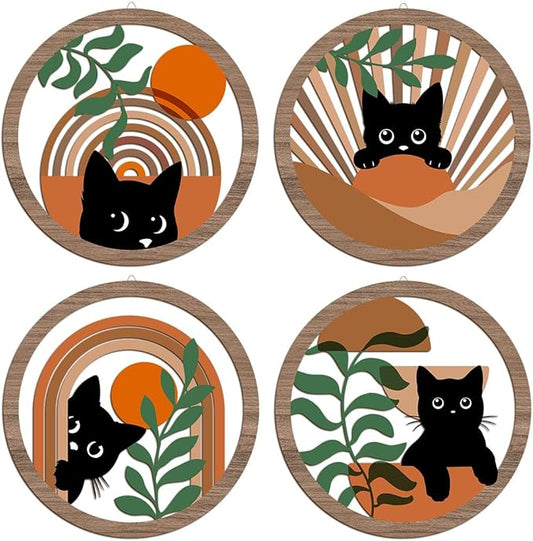 4PCs 3D Boho Cat Hanging Wooden Wall Art Wall Decor, Botanical Wall Decor Bohemian Decor, Cat Lover Gifts, Wooden Sign Wood Art Wood Plaque Home Decor for Living Room Bedroom Farmhouse Office