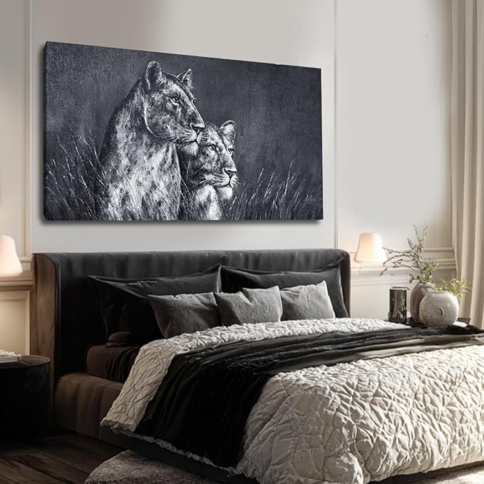 ZENPEE Large Lion Canvas Wall Art - 24"x48" Black and White Spray Print, Modern Animal Wall Decor for Bedroom, Living Room, Office - Ready to Hang