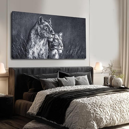 ZENPEE Large Lion Canvas Wall Art - 24"x48" Black and White Spray Print, Modern Animal Wall Decor for Bedroom, Living Room, Office - Ready to Hang
