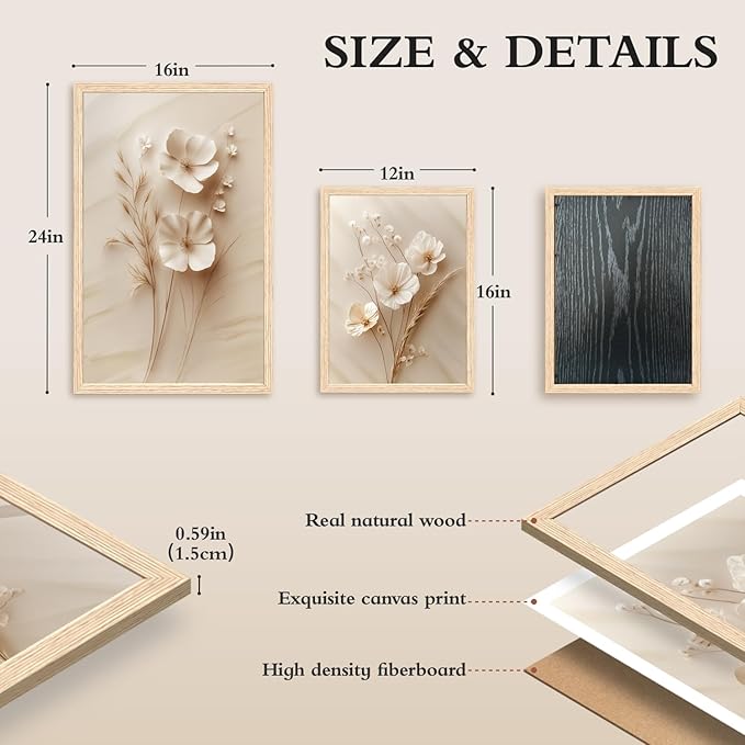 GELDSTEI Neutral Simple Beige Floral Canvas Wall Art, Modern Minimalist Botanical Wall Decor, Vintage Beige Flower Poster Prints for Living Room Bedroom Farmhouse Wood Framed Set of 3, Each 16x24 Inch