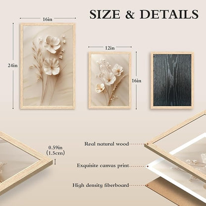 GELDSTEI Neutral Simple Beige Floral Canvas Wall Art, Modern Minimalist Botanical Wall Decor, Vintage Beige Flower Poster Prints for Living Room Bedroom Farmhouse Wood Framed Set of 3, Each 12x16 Inch