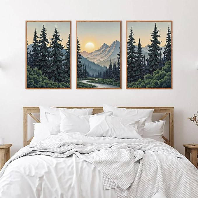 HLNIUC Boho Mountain Sun Forest Framed Canvas Wall Art,Large Nature Sunrise Wall Decor,Yosemite Scene Pine Tree Artwork Set of 3 (24x36),Watercolor Landscape Prints for Living Room,Bedroom,Office