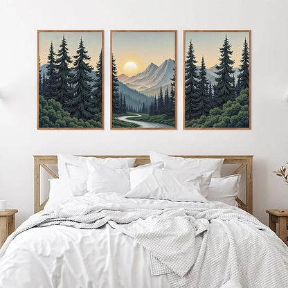 HLNIUC Boho Mountain Sun Forest Framed Canvas Wall Art,Large Nature Sunrise Wall Decor,Yosemite Scene Pine Tree Artwork Set of 3 (24x36),Watercolor Landscape Prints for Living Room,Bedroom,Office