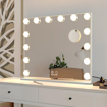 ANYHI Vanity Mirror with Lights, Large Hollywood Lighted Mirror with 14 Big LED Bulbs, Mirror with Lights for Makeup Desk, Smart Touch Control, Tabletop or Wall-Mounted, 24.4" x 19.7" (White)