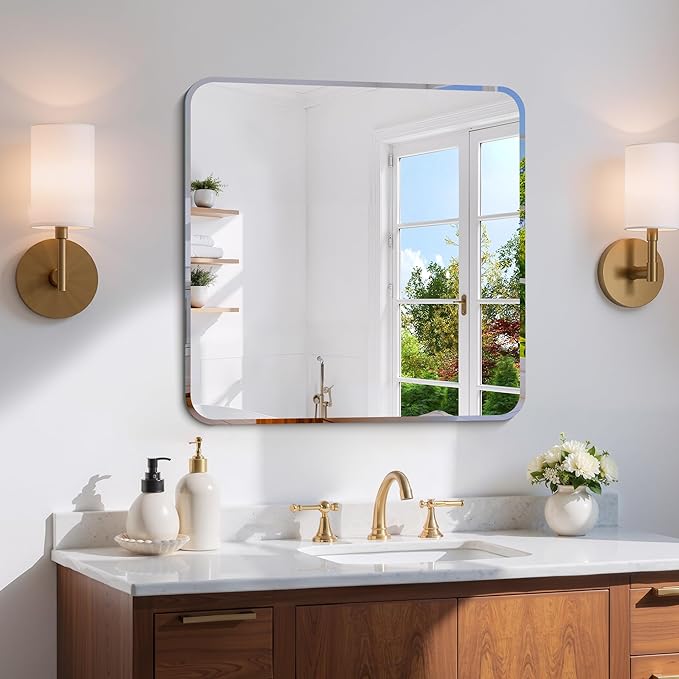 CILIBER Beveled Mirror, 24x24 Square Bathroom Mirror Rounded Corner, 3mm Tempered Glass, 18 inch Frameless Vanity Mirror with Beveled Edge for Bathroom, Bedroom, Living Room and Entryway
