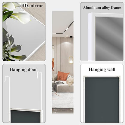 ANYHI Large Full Length Mirror, 65"x13.8" Door Mirror Full Length, 2 Hooks, Over The Door or Wall Monuted, Aluminum Frame, for Bedroom Bathroom Checkroom, White