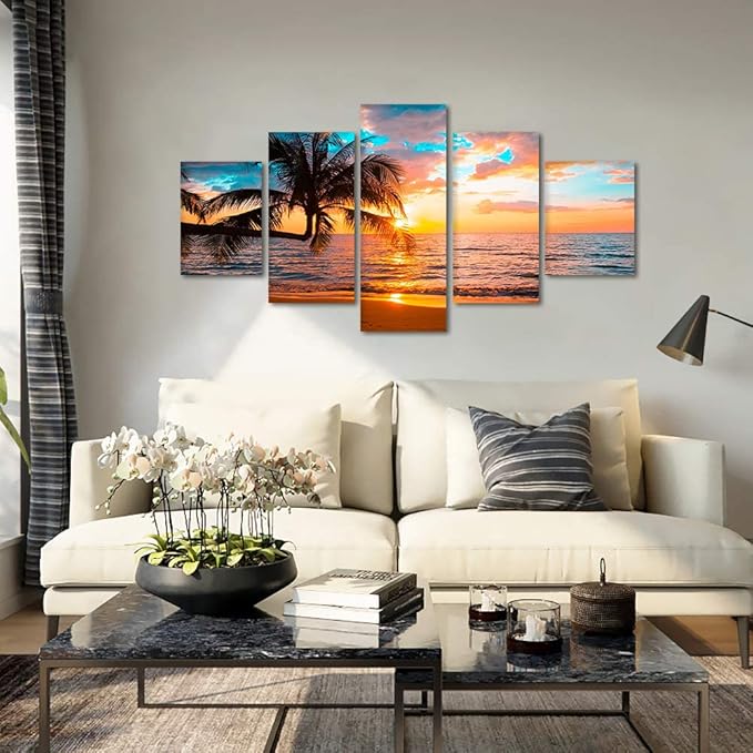 Yatsen Bridge Beaches Wall Art 5 Piece Set Sunset Poster Ocean Scenic Nature Pictures HD Print on Canvas Office Home Decor Framed Ready to Hang - 60''W x 32''H