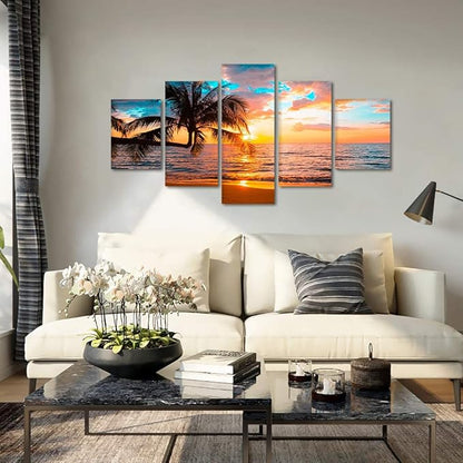 Yatsen Bridge Beaches Wall Art 5 Piece Set Sunset Poster Ocean Scenic Nature Pictures HD Print on Canvas Office Home Decor Framed Ready to Hang - 60''W x 32''H