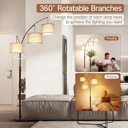 OUTON Tall Arc Floor Lamp - Adjustable, Modern, 3-Light Arched Lamp for Bedroom, Office, and Living Room, 2400lm Mid Century Design with 3 Energy-Efficient LED Bulbs Included, Beige Lampshade