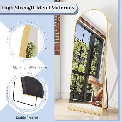BEAUTYPEAK 64"x21" Arch Floor Mirror, Full Length Wall Hanging or Leaning Arched-Top Full Body Mirror with Stand for Bedroom, Dressing Room, Gold