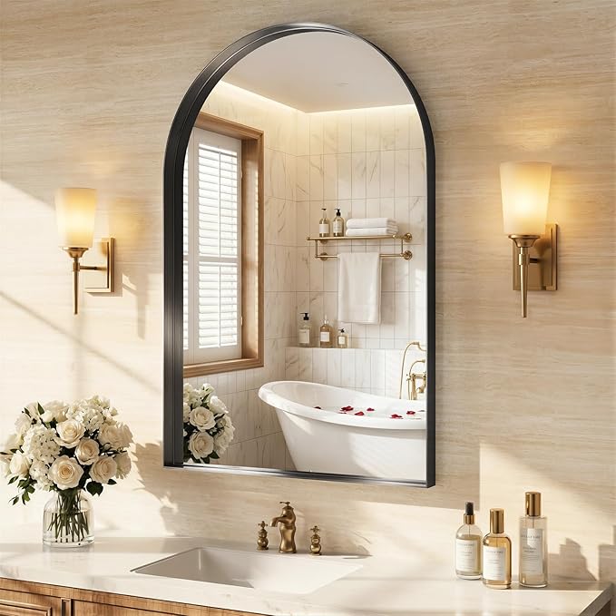 Arched Mirror for Bathroom Sink, 26"x38" Black Frame Mirror for Wall Mounted, Bathroom Mirror with HD Tempered Glass, Bedroom, Living Room, Entry Way, Vanity, Restroom