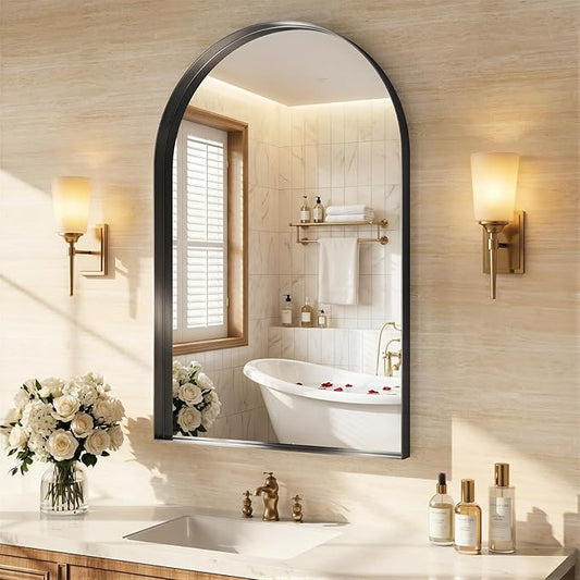Arched Mirror for Bathroom Sink, 26"x38" Black Frame Mirror for Wall Mounted, Bathroom Mirror with HD Tempered Glass, Bedroom, Living Room, Entry Way, Vanity, Restroom