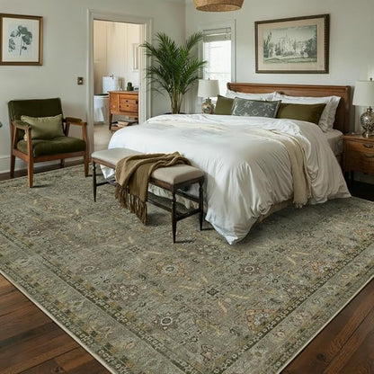 Rugxara 8x10 Area Rugs for Living Room Bedroom, Large Washable Rug, Vintage Floral Boho Rug, Non Slip & Low Pile Faux Wool Thin Carpet for Indoor Dining Room and Kids Room(Olive Brown 8x10ft)
