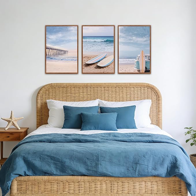KAlRNE Coastal Seascape Wall Art Set of 3(16”X24”),Modern Ocean Beach Wall Decor,Seaside Holiday Surfboard Framed Canvas Paintings,Vintage Bridge Blue Bus Art Prints For Living Room Bedroom Office