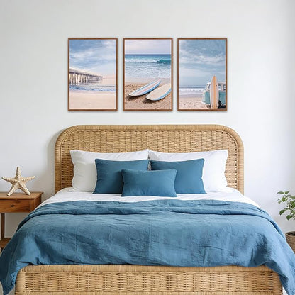 KAlRNE Coastal Seascape Wall Art Set of 3(16”X24”),Modern Ocean Beach Wall Decor,Seaside Holiday Surfboard Framed Canvas Paintings,Vintage Bridge Blue Bus Art Prints For Living Room Bedroom Office