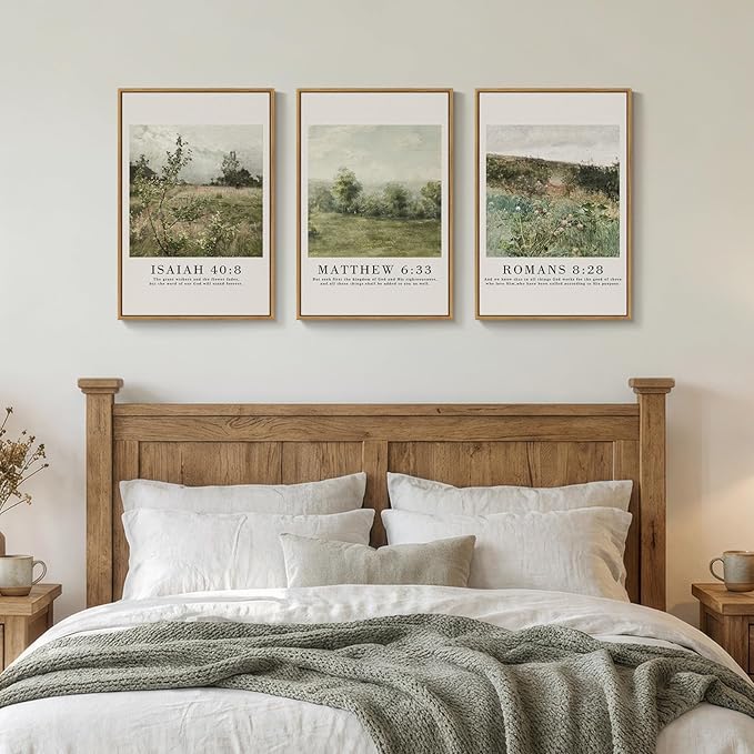 Framed Vintage Christian Wall Art Set of 3, Rustic Wildflower Landscape Bible Verse Canvas Prints, Neutral Beige Scripture Decor for Living Room Bedroom Office Prayer Room, 16x24 Inch