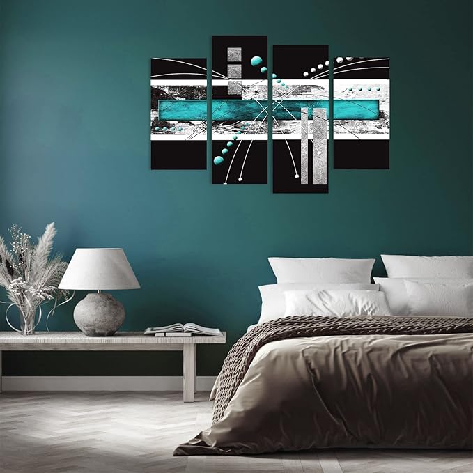 YPY Large Black Teal Canvas Wall Art - 4 Pieces Modern Abstract Picture Set for Home Decoration - Contemporary Painting Artwork for Living Room Bedroom 64x42
