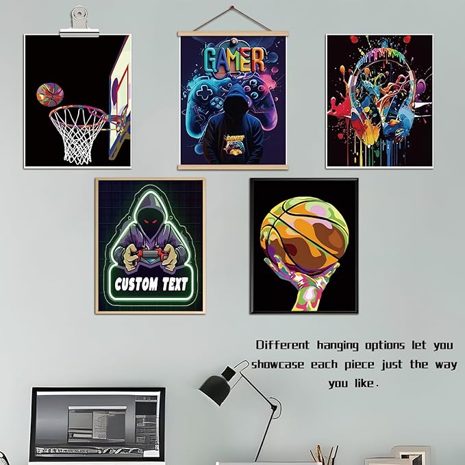Neon Gamer and Basketball Wall Art Set of 9, Cool Gaming Headset Skull Controller Sports Canvas Prints, Colorful Graffiti Style Posters for Boys Teen Bedroom Game Room Wall Decor 8x10 Inch Unframed