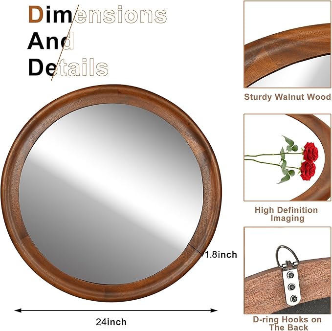 CULER Round Wall Mirrors 24 Inch,Wood Rustic Decorative Transitional Mirror with Walnut Frame for Wall,Farmhouse Hanging Vanity Mirror for Bathroom Bedroom Living Room or Entryway（Walnut Brown）