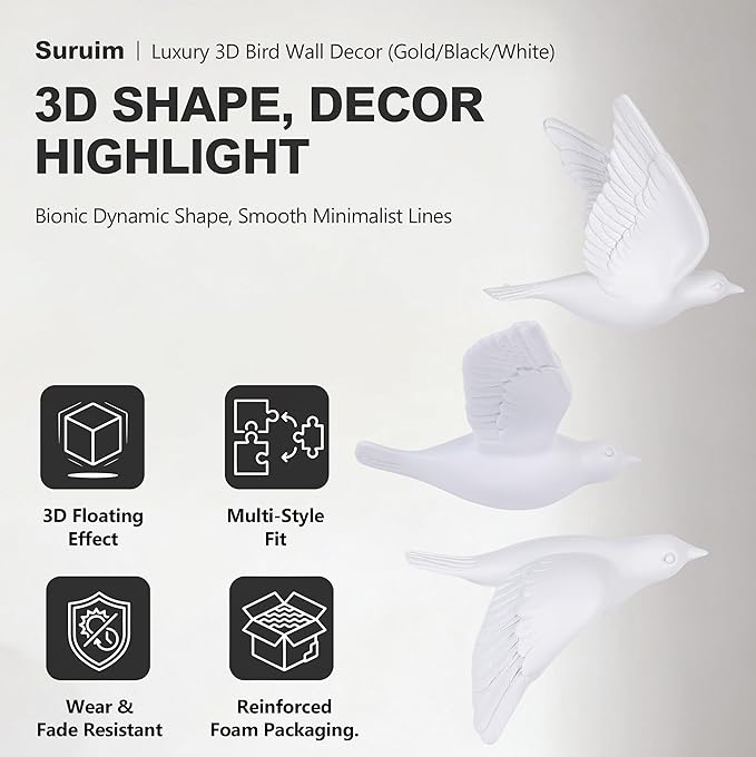 suruim Bird Wall Sculptures Set of 3-3D Wall Art Decor for Living Room, Home Decor Modern GoldEN Wall Decor & Bird Gallery Wall Art (White)