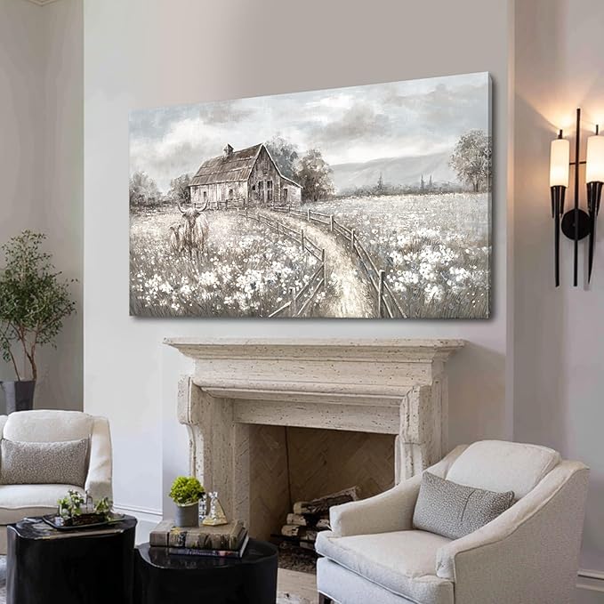 Neutral Greige Highland Cow Canvas Wall Art, Rustic Country Cottage Landscape with Meadow Flowers, Large Horizontal Framed Canvas, Ready to Hang for Living Room/Bedroom, 29x58 Inches