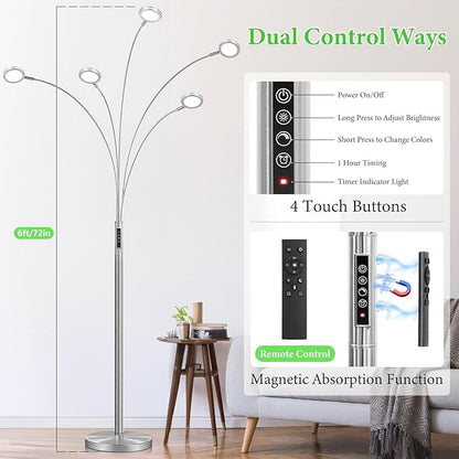 LED Arc Floor Lamp with Remote, 2250LM Dimmable Floor Lamp with Timer, Adjustable Colors, Brightness & 5 Adjustable Arms, Multi-Head Tall Standing Lamp for Living Room Bedroom Office, Satin Nickel