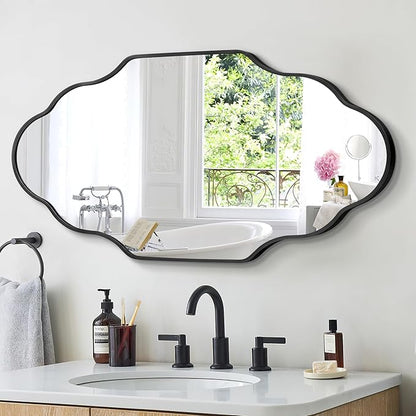 Scalloped Mirror for Bathroom - 26"x46" Black Bathroom Mirror with Aviation Aluminum Alloy Frame & Shatter-Proof Glass for Living Room Bedroom Entryway, Brushed Black Frame(x1)