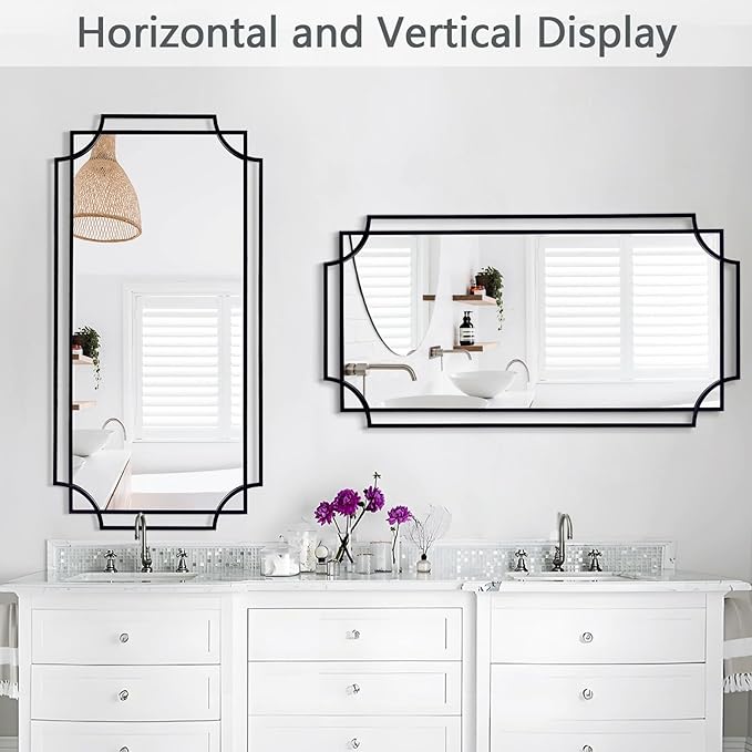 Large Black Mirror for Living Room, 60'' x 30'' Decorative Wall Mirror with Metal Frame, Elegant Scalloped Mirror for Hallway Dining Room Bathroom Fireplace
