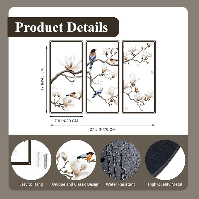 ShxTrade Metal Birds Wall Art, Large Metal Wall Art Vivid Bird on Tree Branch Silhouette Art Decor White Magnolia Tree Wall Sculpture for Home Living Room Garden Bedroom
