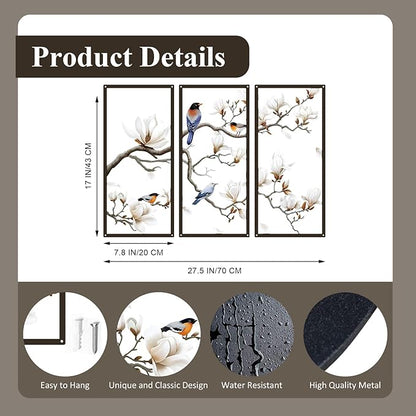 ShxTrade Metal Birds Wall Art, Large Metal Wall Art Vivid Bird on Tree Branch Silhouette Art Decor White Magnolia Tree Wall Sculpture for Home Living Room Garden Bedroom