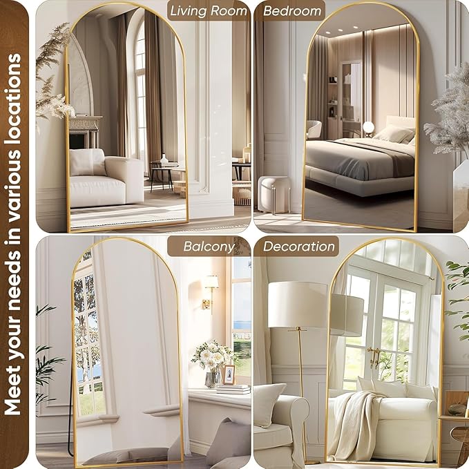 Antok Oversized Full Length Mirror with Stand, 91"x46" Arched Floor Mirror, Aluminum Frame, Wall Mounted/Leaning/Free Standing, Large Body Mirror for Bedroom Living Room Entryway Dressing Room,Gold